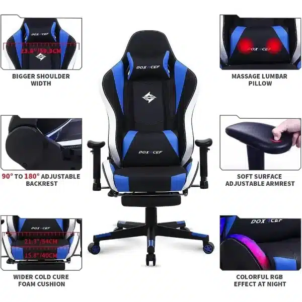 RGB Gaming Chair with Massage and Footrest Large Ergonomic Computer Desk Chair Video Gaming Chair with LED Light - Image 2